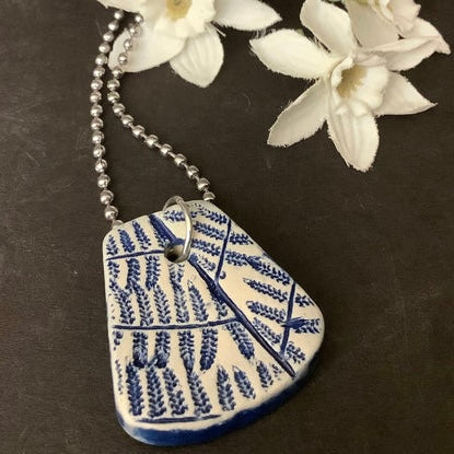 Blue Ferns on White Trapezoid pendant