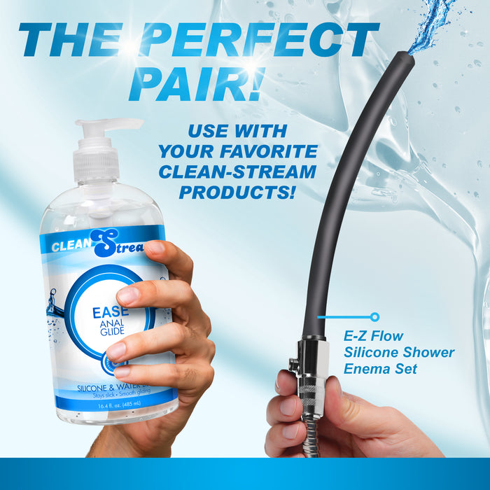 CleanStream Ease Anal Glide lubricant paired with a flexible CleanStream shower enema attachment, promoting compatibility with CleanStream cleansing products