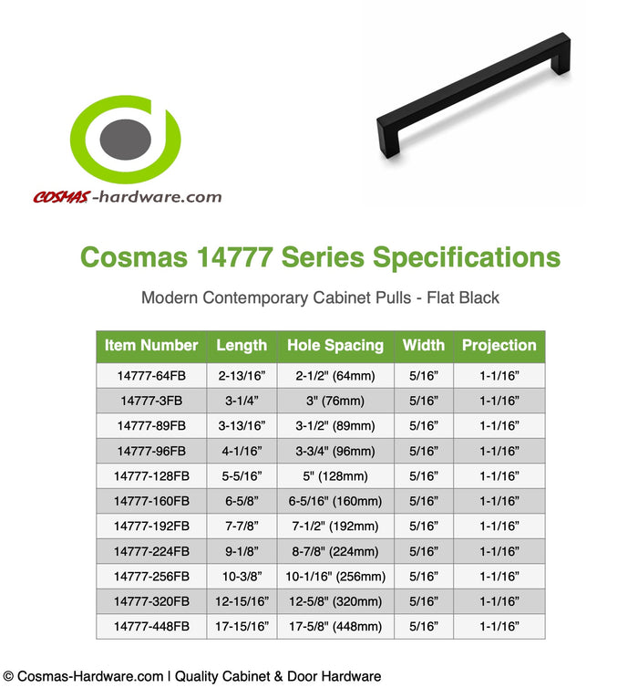 Cosmas 14777-320FB Flat Black Modern Contemporary Cabinet Pull