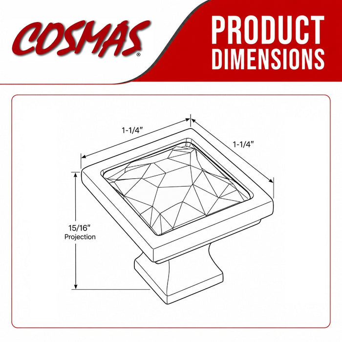 Cosmas 6825SN-C Satin Nickel & Clear Glass Square Cabinet Knob