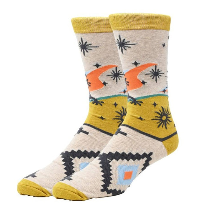 Echo Sands Men's Socks beige with yellow cuffs featuring desert sun and geometric motifs