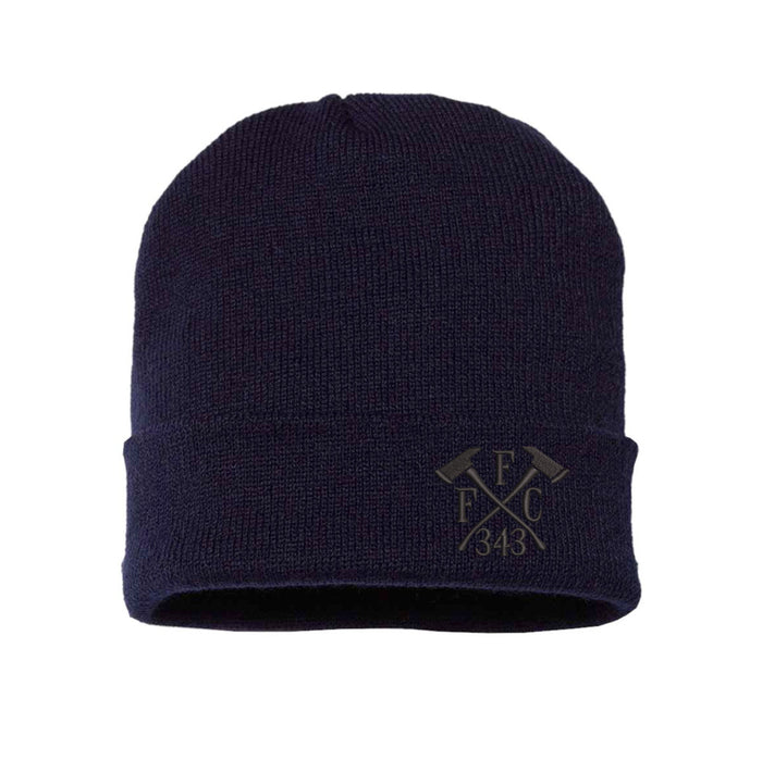 Seamless blackout beanie with black FFC 343 Crossed Axes, designed for Fall and Winter wear by firefighters.