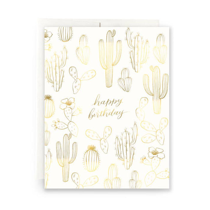 Gilded cactus birthday greeting card with gold foil cactus illustrations on white