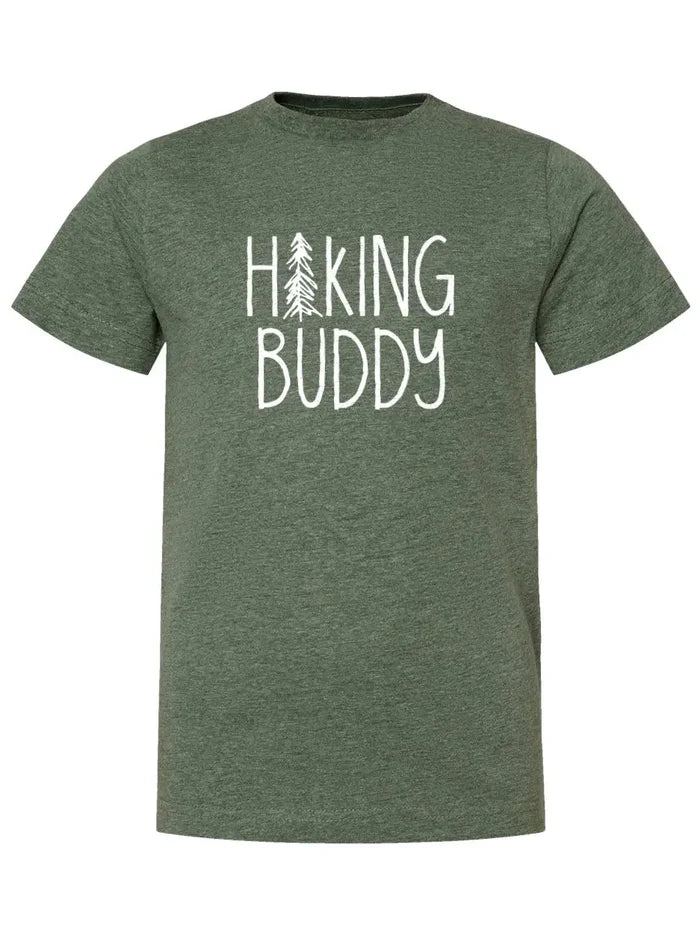 Green heather kids T shirt with white Hiking Buddy text and tree graphic.