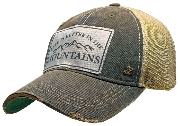 Distressed olive green and tan trucker hat with a rectangular patch reading Life Is Better in the Mountains