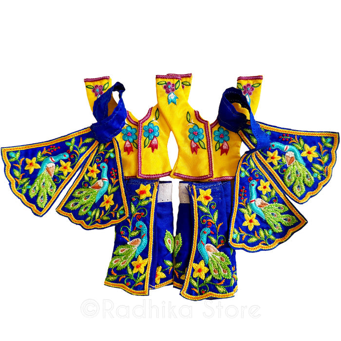 Mayapur Peacocks - Cobalt Blue and Bright Yellow - Gaura Nitai Deity Outfit