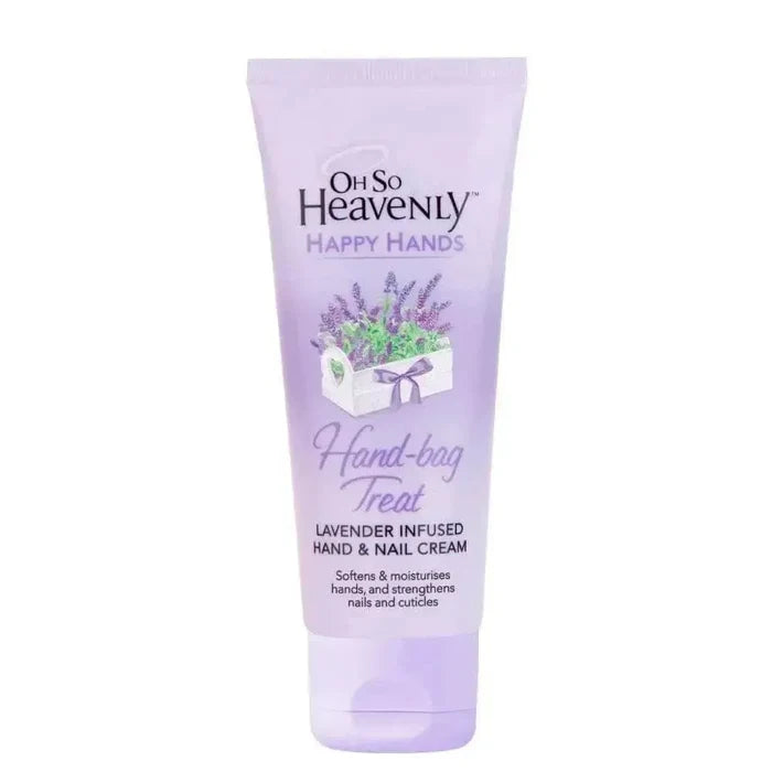Oh So Heavenly Happy Hands Hand Cream Lavender Hand Bag Treat 100ml tube with lavender flowers and leaves background