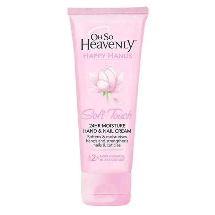 Oh So Heavenly Happy Hands Hand Cream Soft Touch 75ml bottle with natural ingredients like Vitamin C and Jojoba Seed Oil for hydration and nail care
