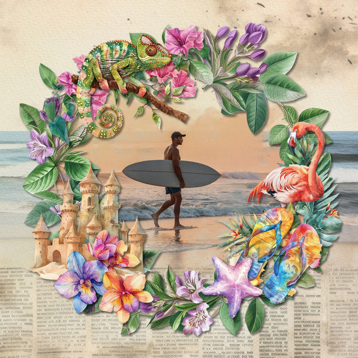 These beautiful ocean digital scrapbooking papers by Lucky Girl Creative digital art are the perfect addition to your vacation, beach, and ocean adventures. Great for holidays to Hawaii, the Caribbean, Florida, California, the Outer Banks, and New England. Each paper is designed using layers of mixed media elements in a junk journal style of newspaper bits, paint, torn paper, and photographs. Images include beach, sea, ocean, coast, palm trees, flowers, sunset, island, waves, and more.