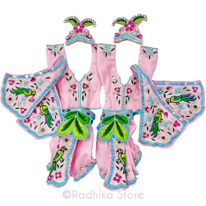 Vrinda’s Parrots - Baby Pink and Blue - Silk - Gaura Nitai Deity Outfit