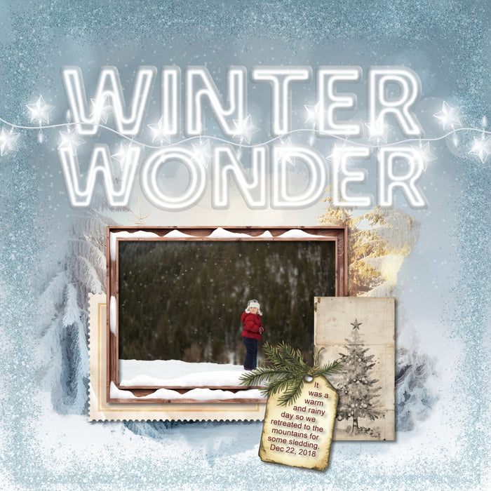 Sparkle and shine this holiday season with beautiful white Christmas light embellishments, scenic winter and bokeh papers, frames, and glowing white alpha set by Lucky Girl Creative digital art for digital scrapbooking. Great for winter sports, nature hikes, Christmas, the holidays, cabin vacations, and more.