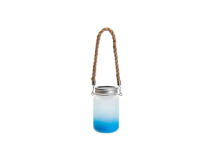 15oz/450ml Sublimation Blanks Mason Jar w/ Lantern Lid and Hemp Rope Handle (Frosted, Gradient Light Blue)