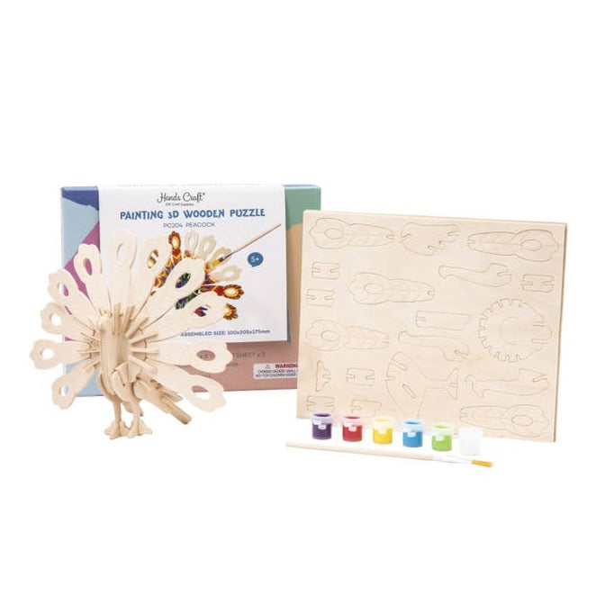 Boxed 3D wooden peacock puzzle paint kit with wooden pieces and small paint pots