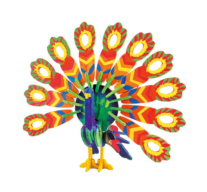 Brightly painted 3D wooden peacock with rainbow tail feathers