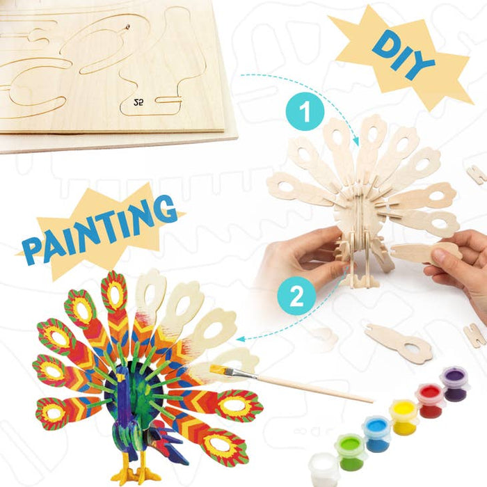 3D wooden peacock puzzle kit with light wood pieces, a painted peacock, and painting supplies.