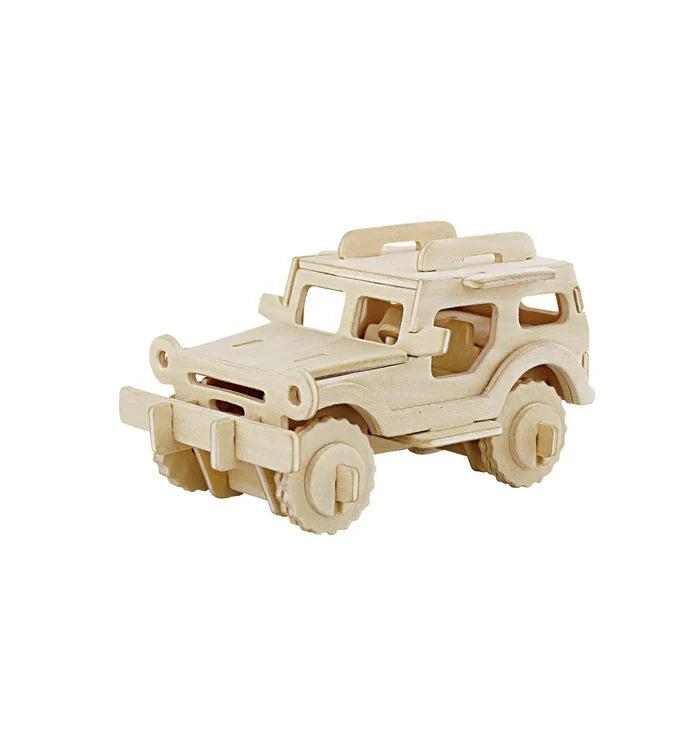 Natural wood 3D puzzle model of a jeep style SUV