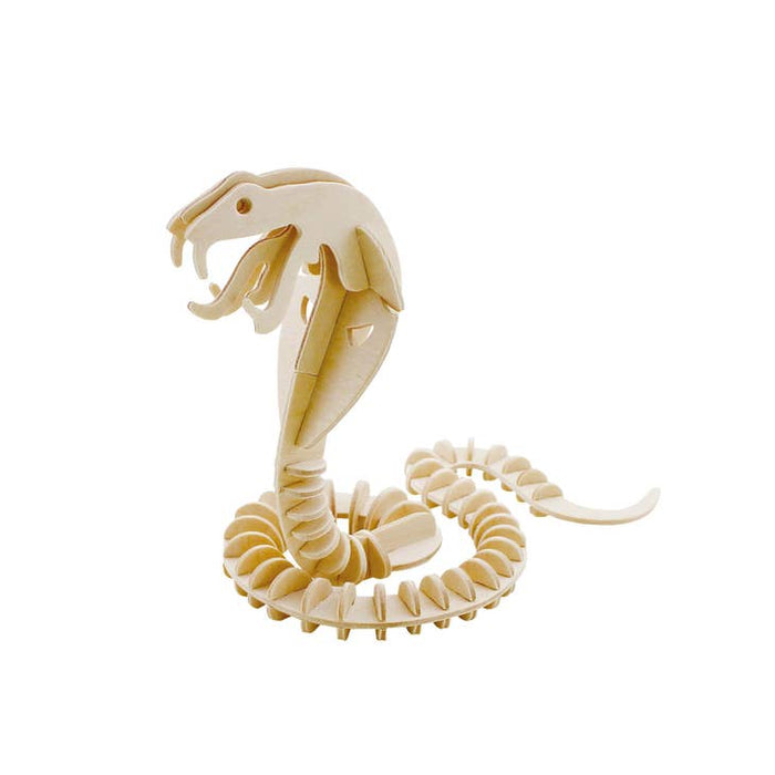 Wooden 3D snake puzzle resembling a cobra with open jaws and coiled body.