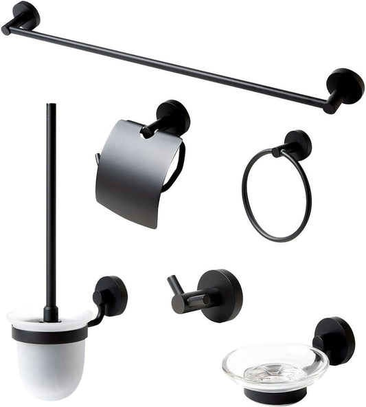 Matte Black.  Everything you need is included: Towel Bar, Soap Dish, Towel Ring, Covered TP Holder, Robe/Towel Hook, Toilet Brush Set