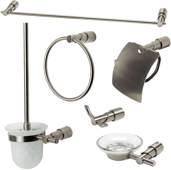 Brushed Nickel.  Everything you need is included: Towel Bar, Soap Dish, Towel Ring, Covered TP Holder, Robe/Towel Hook, Toilet Brush Set