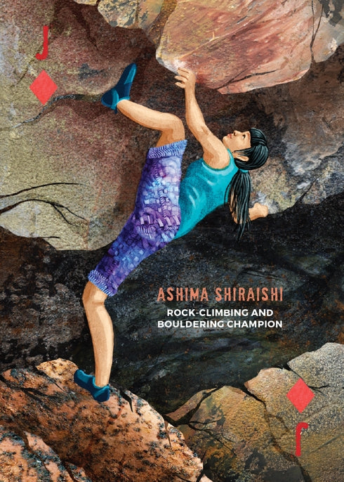 Playing card featuring Ashima Shiraishi climbing on a rock face with a red diamond corner.