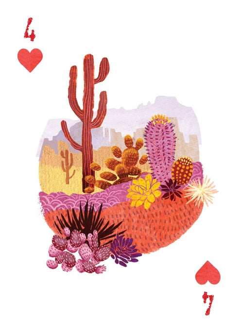 Four of hearts card with a vibrant desert landscape and cactus illustration.