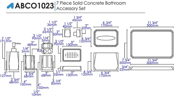 ABCO1023 7-Piece Solid Concrete Gray Matte Bathroom Accessory Set - Alfi brand