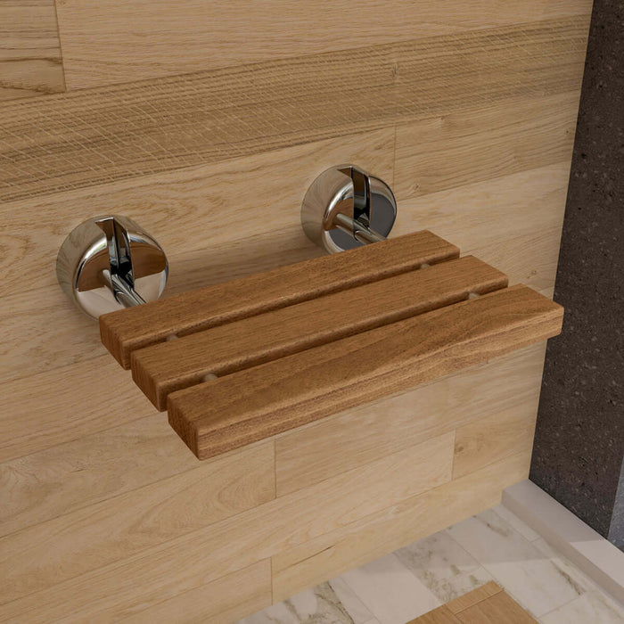 ADA Folding Teak Shower Seat 16" Wide, Accents in Polished Chrome or Brushed Nickel - Alfi Brand