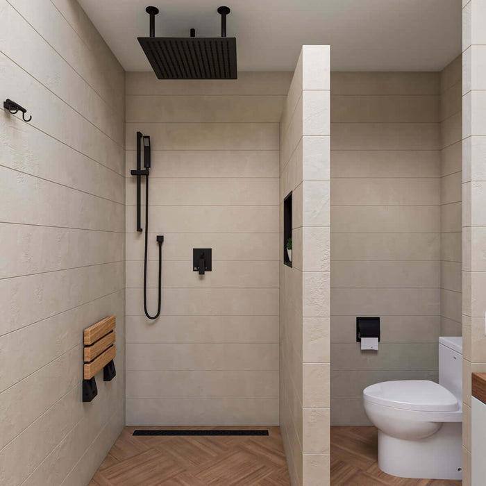 ADA Folding Teak Shower Seat 16" Wide, with Square Accents finished in Matte Black - Alfi Brand