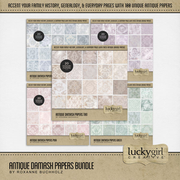 Add beautiful monochromatic damask papers by Lucky Girl Creative digital art to all your digital scrapbooking pages and albums. Inspired by vintage wallpapers and patterns, these background papers will add a subtle touch of warmth to your projects. Colors include blue, green, pink, purple, and tan. Each paper is unique and easily colorized using the Hue tool.