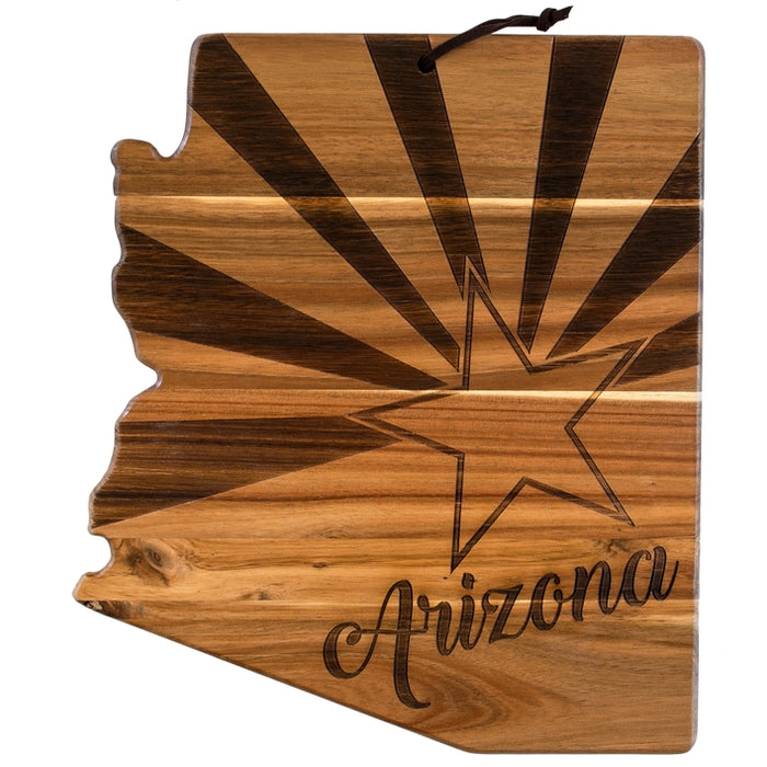 Arizona flag wooden serving board with starburst rays and a leather hanging cord
