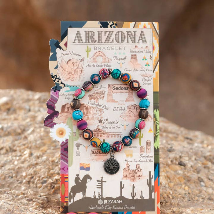 Colorful clay bead bracelet displayed on an Arizona themed card packaging