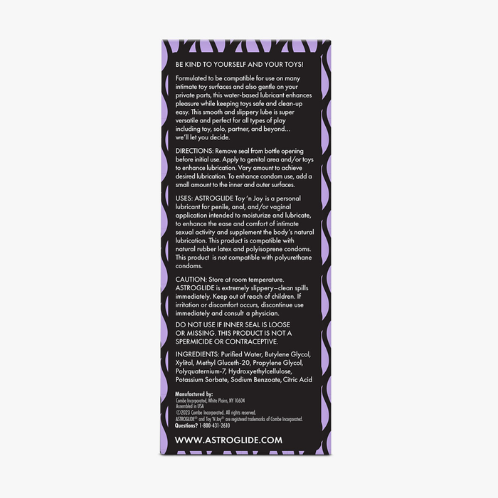 An image of  Astroglide Toy 'N Joy packaging's back, detailing uses, directions, caution, and ingredients.