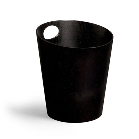 Silhouetted image of black ash paper waste basket by Isamu Saito against white background.