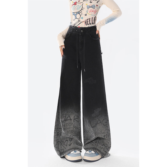 Black gradient graffiti letter autumn-winter high-waisted wide-leg jeans