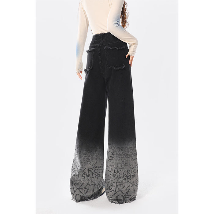 Black gradient graffiti letter autumn-winter high-waisted wide-leg jeans