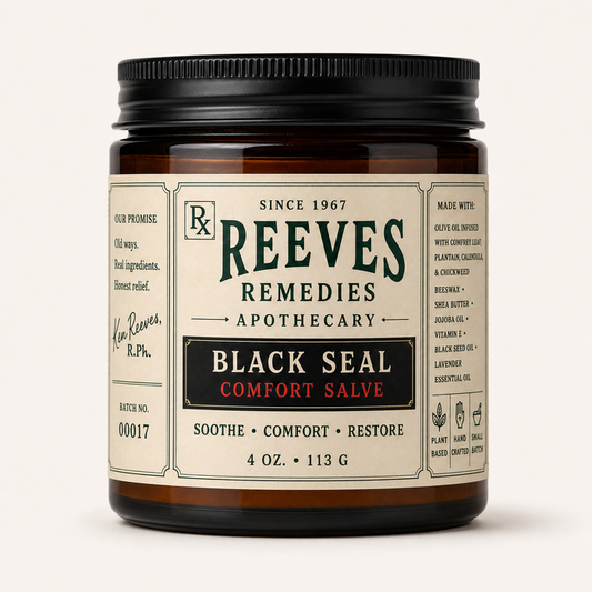 Reeves Remedies Black Seal Comfort Salve — 4 oz amber apothecary jar
