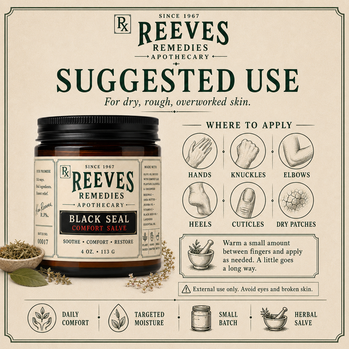 Black Seal Comfort Salve — where to apply: hands, knuckles, elbows, heels, cuticles, dry patches