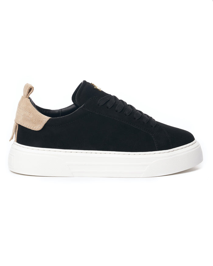 Martin Valen Bobe Suede low sneakers in black side view with taupe heel tab and white platform sole