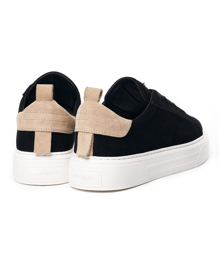 Martin Valen Bobe Suede black sneakers close rear view showing taupe heel panel and vertical suede strap detail