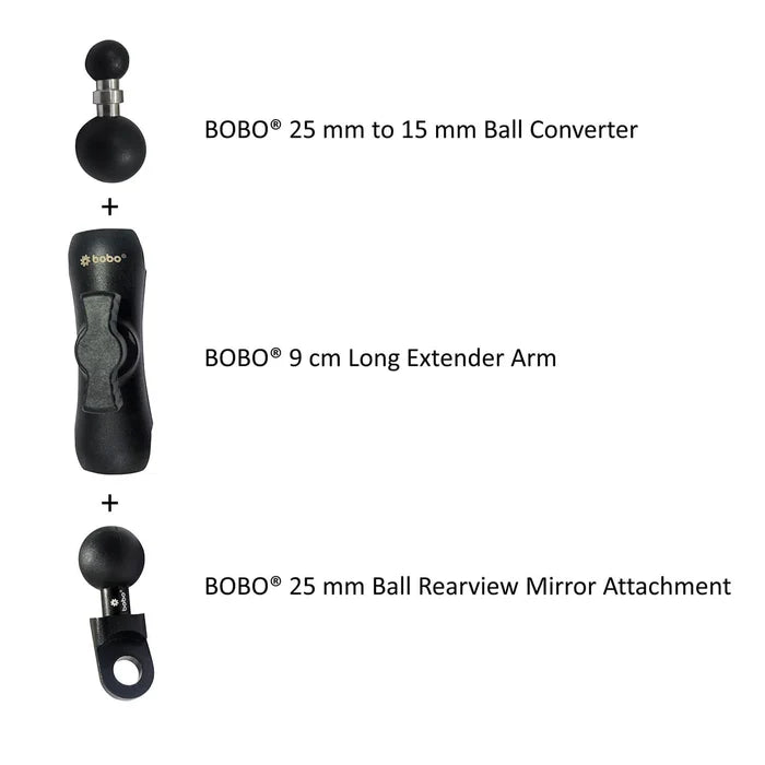 BOBO 25mm to 15mm Ball Converter with 9cm Extender Arm and Rearview Mirror Attachment
BOBO Rearview Mirror Mount Extension Kit for Motorcycle Phone Holders
BOBO Mirror Mount Adapter Kit