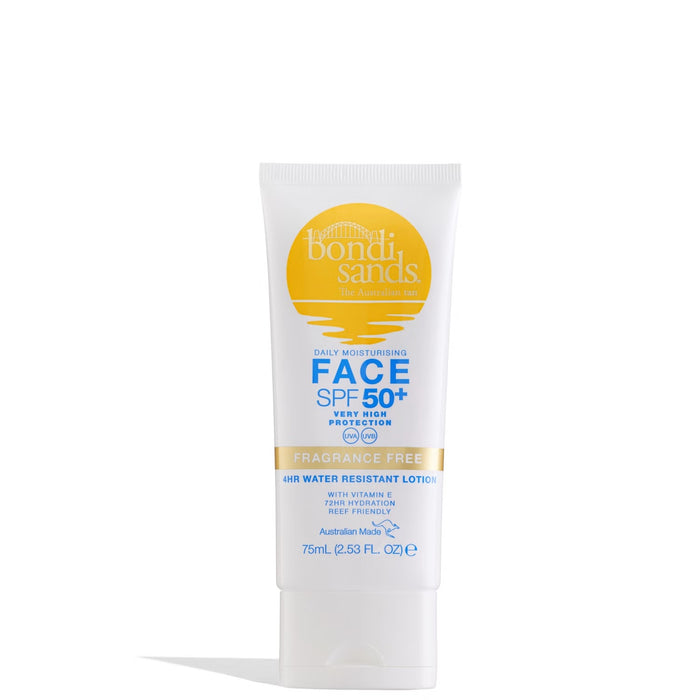 Bondi Sands SPF50+ fragrance-free face sunscreen lotion 75ml, hydrating tanning oil and lotion for sun protection and skincare.