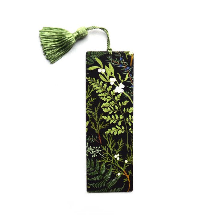 Single fern bookmark with black background and vivid green leaves plus a green tassel