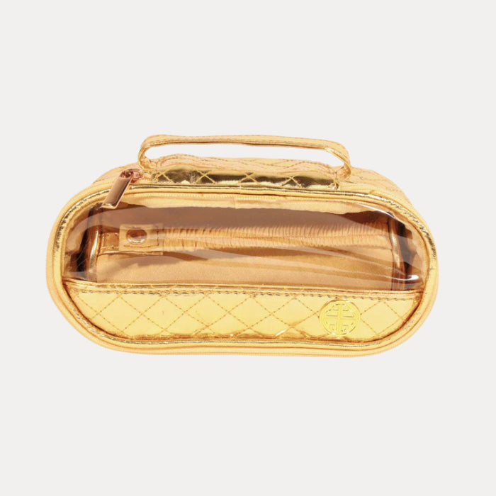 a gold cosmetic bag with a clear plastic inside