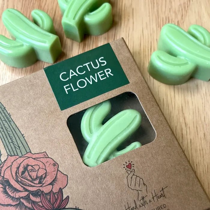 Mint green cactus shaped wax melts scattered on a wooden surface near the cactus flower packaging