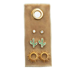 Cactus Stud Gift Set on brown display with diamond studs, green cactus charms, and gold sunburst earrings