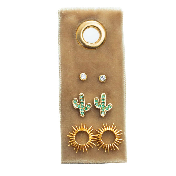 Cactus Stud Gift Set on brown display with diamond studs, green cactus charms, and gold sunburst earrings