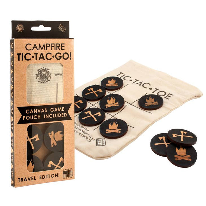 Camping Tic Tac Go travel edition with canvas pouch and round black tokens.