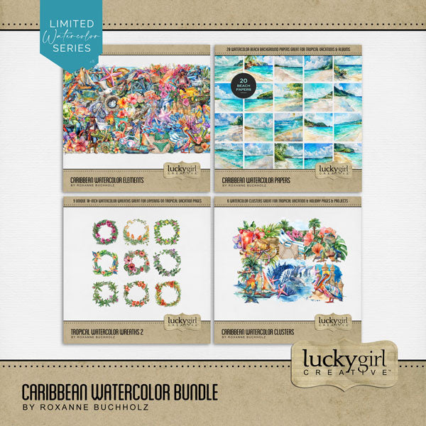 Add these beautiful watercolor embellishments, papers, and clusters by Lucky Girl Creative digital art to all your Hawaiian, Caribbean, summer, and tropical digital scrapbooking pages and albums! Great for vacations to Hawaii, the Caribbean Islands, the South Pacific, Polynesia, and other tropical locations. Embellishments include bird, egret, crane, pelican, seagull, chameleon, crocodile, dolphin, iguana, manta ray, oyster, reptile, lizard, fish, sea turtle, snake, squid, tropical fish, whale, and more.