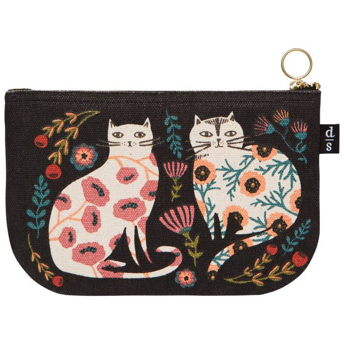Catbloom Small Zipper Pouch with two illustrated cats and bright flowers on black fabric.