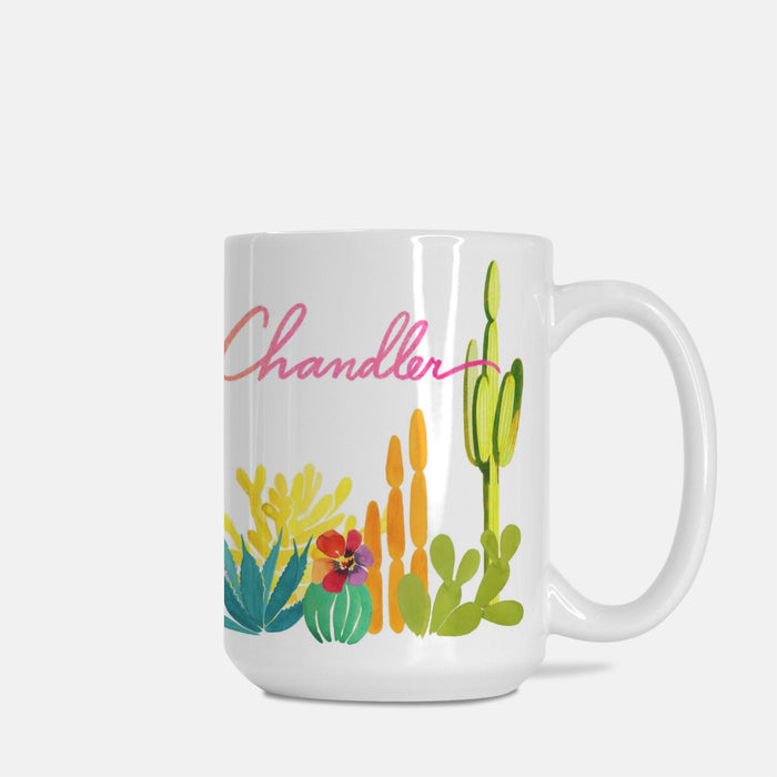 White ceramic mug with colorful desert plants and Chandler Arizona script